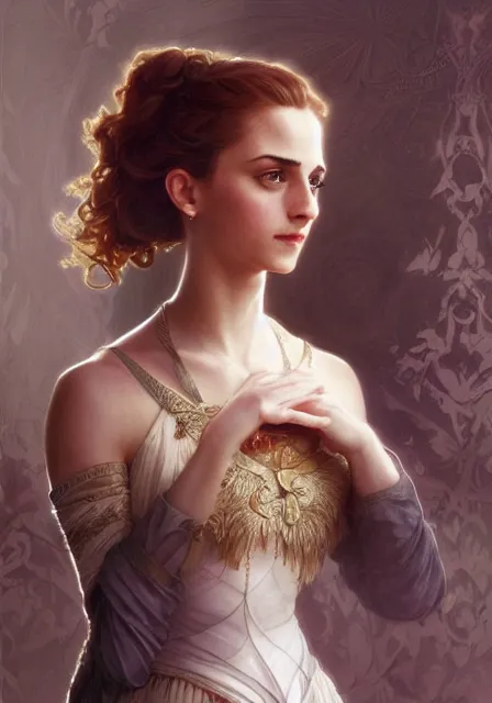 Image similar to sansa emma watson in ballroom, intricate, elegant, highly detailed, digital painting, artstation, concept art, smooth, sharp focus, illustration, art by artgerm and greg rutkowski and alphonse mucha and william - adolphe bouguereau