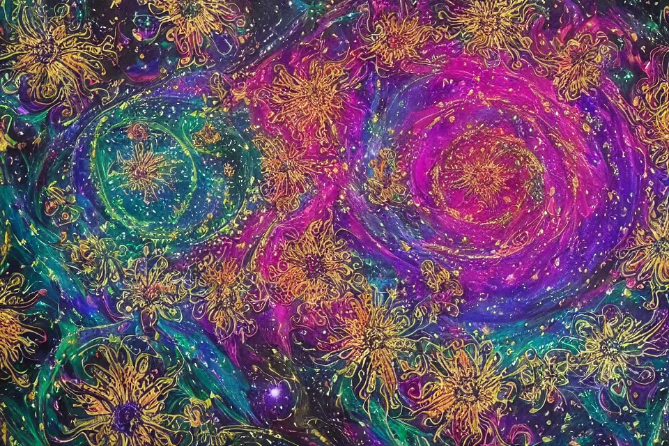 Prompt: infinite spiraling exploding suns blooming intricate flowers across the dark cosmos, beautifully painted, intricately detailed, volumetric lighting