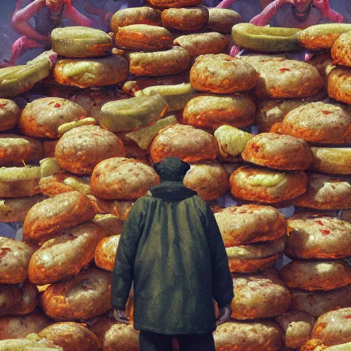 Prompt: a very fat clown in front of a mountain of burgers and fries, beksinski, wayne barlowe, very coherent symmetrical artwork, cinematic, hyper realism, high detail, octane render, 8 k