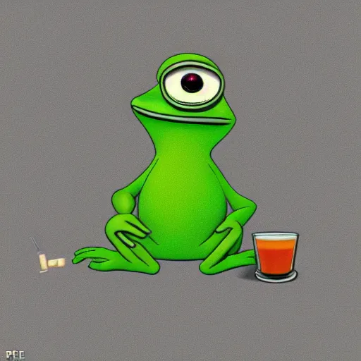 Image similar to pepe the frog, being depressed and drinking alcohol, photorealistic, 8 k