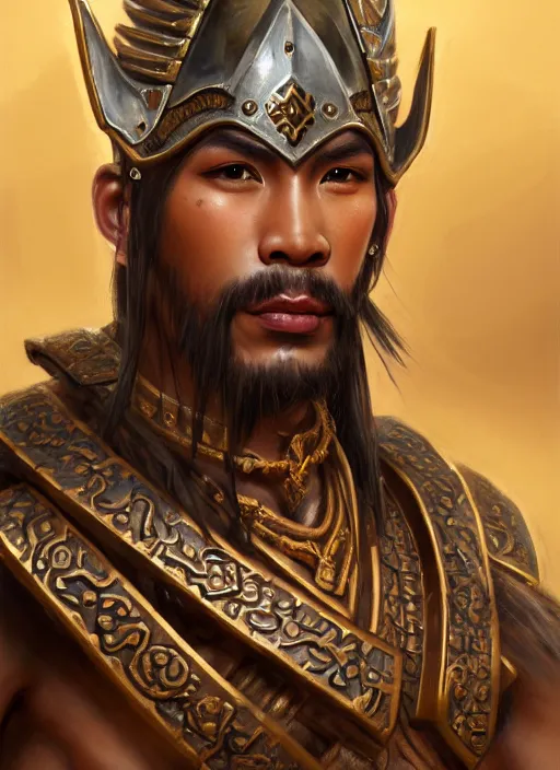 Image similar to smart tai warlord, closeup portrait, historical hero, ethnic group, sukhothai costume, bronze headset, intricate, with leather armor cross on bare chest, tai body tattoo, elegant, loin cloth, highly detailed, oil painting, artstation, concept art, matte, sharp focus, illustration, hearthstone, art by earl norem