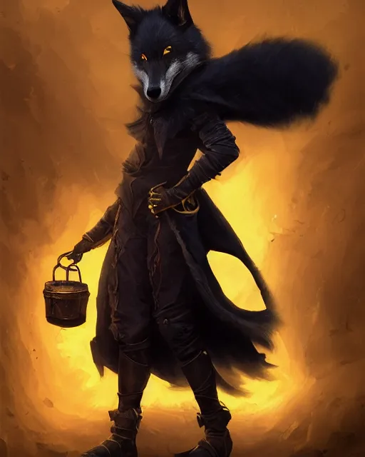 Prompt: oil painting of Anthropomorphized dark Fox thief, holding bag of gold coins, wearing dark cloak, mischievous look, full body, sharp focus, fantasy style, octane render, volumetric lighting, 8k high definition, by greg rutkowski, highly detailed, trending on art Station, magic the gathering artwork, dark city backround