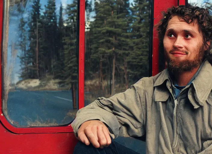 Prompt: Christopher McCandless sits in front of Fairbanks Bus 142, self-portrait photograph