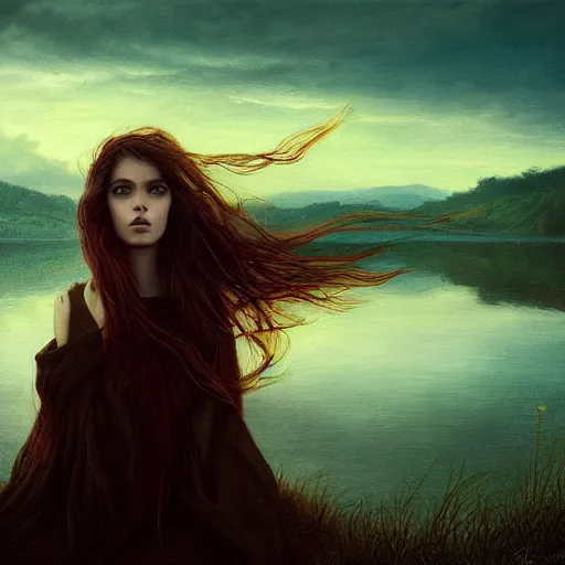 Image similar to young beautiful woman by the lake, hair waving in the wind, sunset, high detail, dramatic light, digital art, chiaroscuro, dark, painted by seb mckinnon and caspar david friedrich, trending on artstation