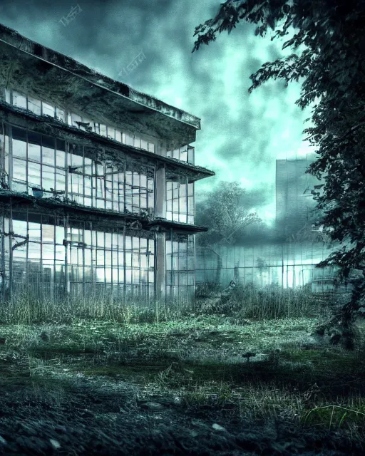 Prompt: a beautiful photorealistic illustration of city unfinished building abandoned establishment by odile decq, darkacademia infrared cyberpunk at dawn anime forest reclaimed by nature lake meadow myst retrowave flowers lightpaint hyperrealism nature thermal imaging, archdaily, wallpaper, highly detailed, trending on artstation.