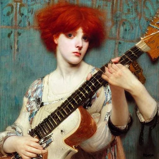Image similar to Redhead goth girl playing electric guitar, oil painting by Lawrence Alma-Tadema, masterpiece