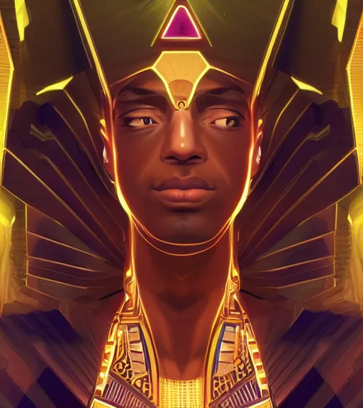 Image similar to symmetry!! egyptian prince of technology, solid cube of light, hard edges, product render retro - futuristic poster scifi, lasers and neon circuits, brown skin man egyptian prince, intricate, elegant, highly detailed, digital painting, artstation, concept art, smooth, sharp focus, illustration, dreamlike, art by artgerm