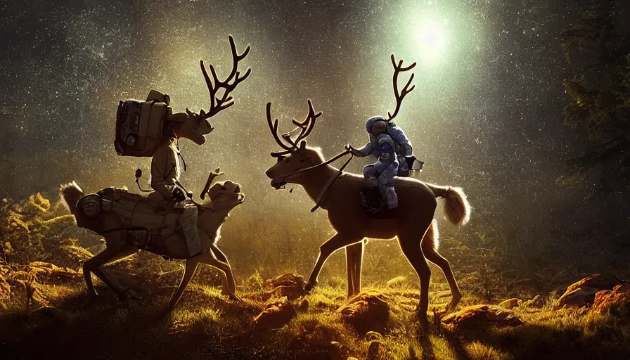 Image similar to american astronaut in the forest riding a reindeer, objects well lit, plants environment, wide angle, cinematic lighting, atmospheric, realistic, octane render, highly detailed, color graded, in the style of craig mullins