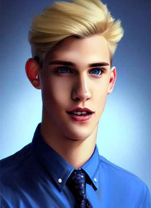 Prompt: portrait of teenage kevin keller with blonde hair, blonde hair, blue eyes, defined jawline, sharp jawline, slight friendly smile, button up shirt, intricate, elegant, glowing lights, highly detailed, digital painting, artstation, concept art, smooth, sharp focus, illustration, art by wlop, mars ravelo and greg rutkowski