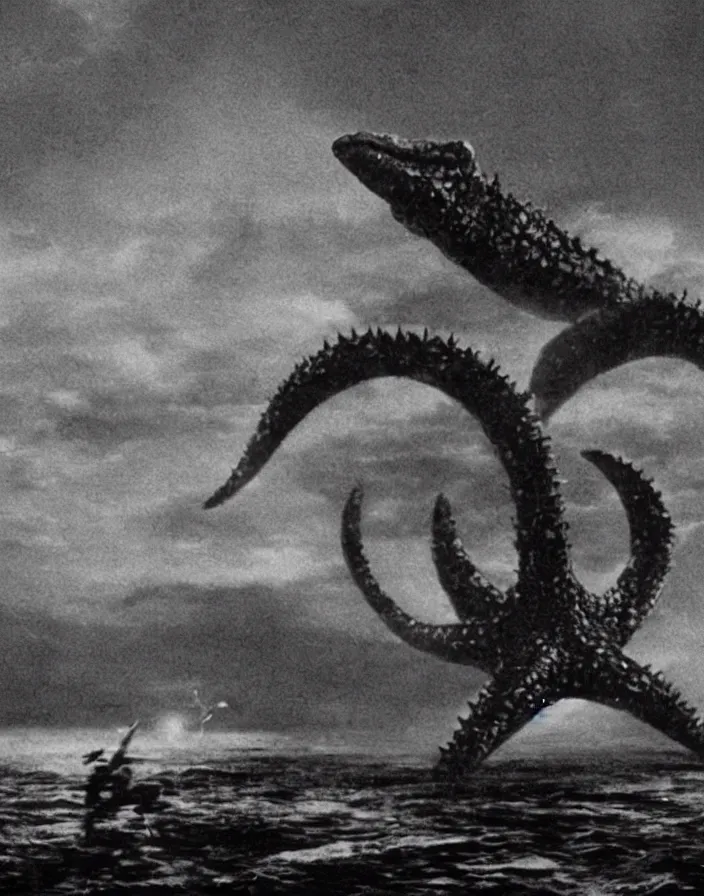 Prompt: a filmstill of a north korean monster movie, kaiju - eiga monster starfish - like trampling a traditional korean palace, foggy, film noir, epic battle, etheral, explosions, communist starfish, thriller, by akira kurosawa and robert eggers, video compression