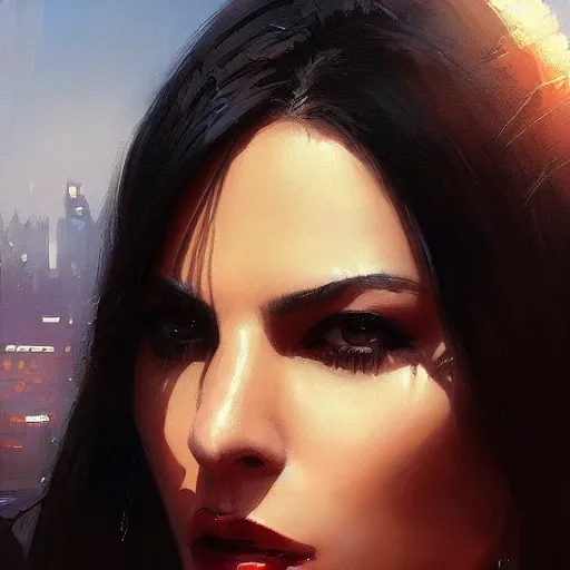 Image similar to a closeup portrait of monica belucci, dramatic light, city background, sunset, high contrast, sharp, painted by stanley lau, painted by greg rutkowski, painted by stanley artgerm, digital art, trending on artstation