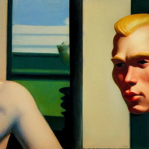 Prompt: a realistic portrait of a blonde man with big lips, 1 2 0 0 bc, edward hopper, trending on artstation