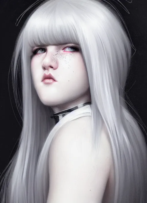 Image similar to portrait of white teenage girl, normal face, white bangs, mall goth, cyberlox, black and white hair, bangs, fluffy bangs, intricate, elegant, highly detailed, digital painting, artstation, concept art, sharp focus, smooth, illustration, art by wlop, mars ravelo and greg rutkowski