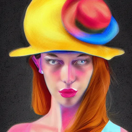 Prompt: woman with hat, by matt dixon, colorful, digital art