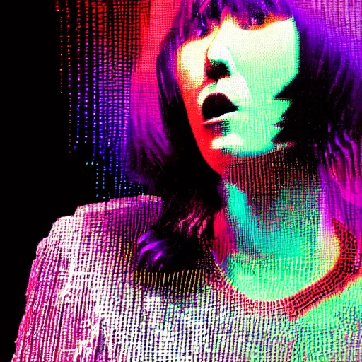 Image similar to Karen O of the Yeah Yeah Yeahs. Glitch effect. Pixel glitch. Chromatic Aberration. data moshing glitch art. 4k.