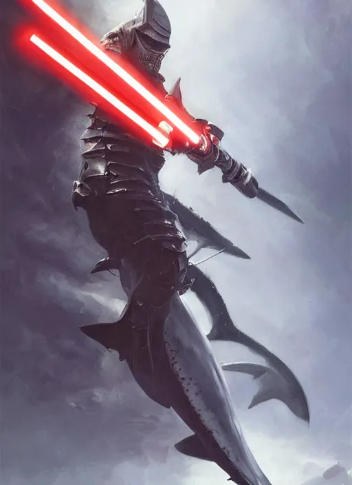 Image similar to digital painting of a shark in armor with a lightsaber, fantasy, portrait, scifi, realistic, detailed, concept art, ruan jia, wlop