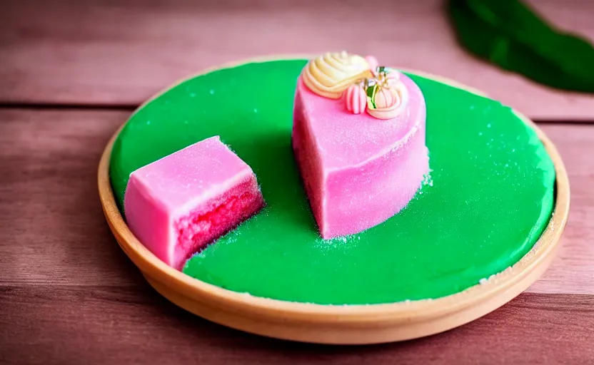 Image similar to A photo of a swedish princess cake from the side on a wooden table, covered with pink marzipan, some powder sugar and a green marzipan leaf in the center. Sunset. 4K. Cinematic lighting. High detail. Realistic. Delicious.