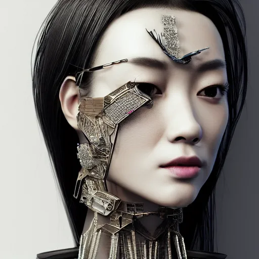 Image similar to closeup portrait of an absurdly beautiful, graceful sophisticated, fashionable cyberpunk mechanoid gravure idol, young asian woman, rich queen, ruler of the world, shoulder length hair, sci fi jewelry, an ultrafine hyperdetailed illustration by irakli nadar, matt wisniewski style, intricate linework, porcelain skin, unreal engine 5 highly rendered, radiant light