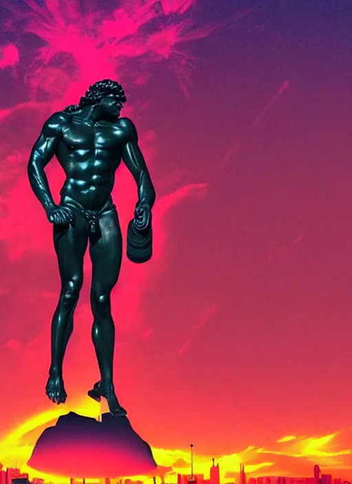 Prompt: statue of hercules, beeple, android jones, dan mumford, vaporwave, retrowave, black background, neon wiring, black, glitch, strong contrast, cuts, pinterest, trending on artstation