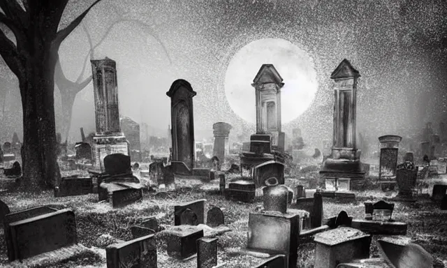 Image similar to new orleans style graveyard, crystal lights shine shade render!, witch meeting black circle!, midnight colors, photograph taken by giger and beksinski and death fog and decaying megacity