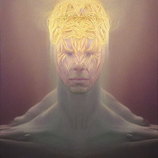 Image similar to Portrait Masterpiece, Thom Yorke, cyan, golden halo behind her head, wires everywhere, by Edgar Maxence and Ross Tran, Zdzisław Beksiński, and Michael Whelan, distant, gustav dore, H.R. Giger, 8k, octane render