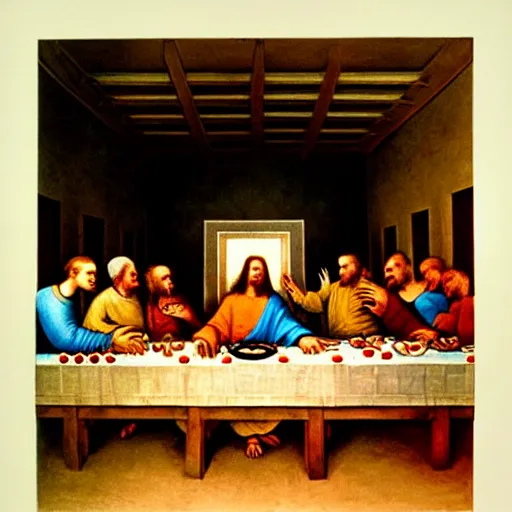 Prompt: a World War II Russian Soviet propaganda poster showing The Last Supper by Leonardo da Vinci