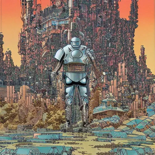 Prompt: hyperdetailed manga cover of a futuristic knight approaching a sci-fi castle by geof darrow and moebius, bokeh