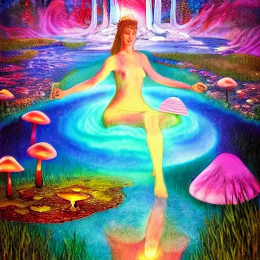 Image similar to goddess of mushrooms bathing in the glowing lake, fantasy painting, extremely psychedelic