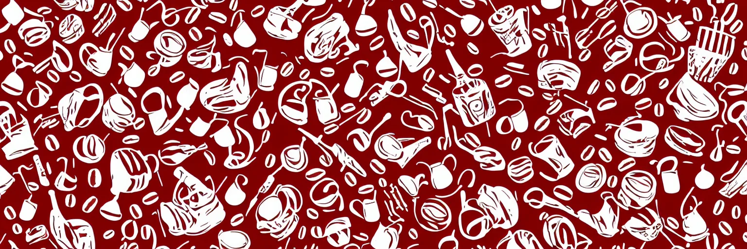 Prompt: seamless pattern design, coffee and musical instrument, simple, red and white,