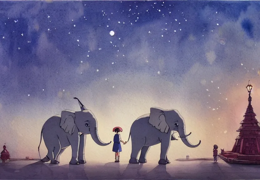 Image similar to a hyperrealist watercolor concept art from a studio ghibli film showing a giant grey dumbo the elephant. a temple is under construction in the background in india on a misty and starry night. by studio ghibli. very dull muted colors