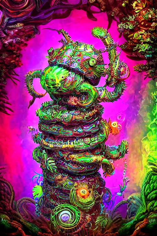 Image similar to creature sushi roots cactus elemental flush of force nature micro world fluo light deepdream a wild amazing steampunk baroque ancient alien creature, intricate detail, colorful digital painting radiating a glowing aura global illumination ray tracing