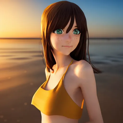 Prompt: Render of a very beautiful 3d anime girl, long hair, hazel eyes, cute freckles, short smile, cute sundress, golden hour, serene beach setting, medium shot, mid-shot, highly detailed, trending on Artstation, Unreal Engine 4k