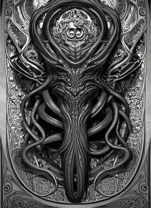 Prompt: an intricate detailed complex carved sculpture of cthulhu with emerald eyes, lovecraftian, contrast atmosphere, majestic, symmetrical face, artgerm, dark mist, portrait, detailed monochrome, feature on artstation hd, detalied complex of monster illustration, character design art, border and embellishments dslr, hyperreal by alphonse mucha