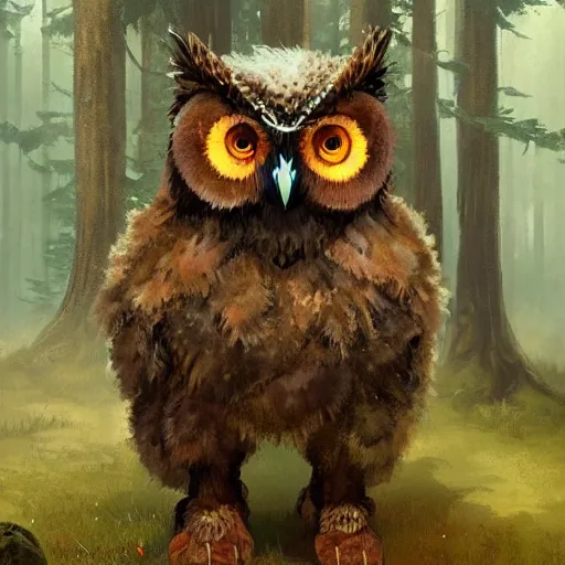 Prompt: three quarter portrait of an owlbear in the forest, d & d, fantasy, greg rutkowski