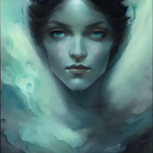 Image similar to beautiful face of a magical queen, with pale skin, blue eyes, long black hair, floating in a misty daze, by pete mohrbacher and greg rutkowski, watercolor painting, deviantart, pinterest, symmetrical portrait, game of thrones