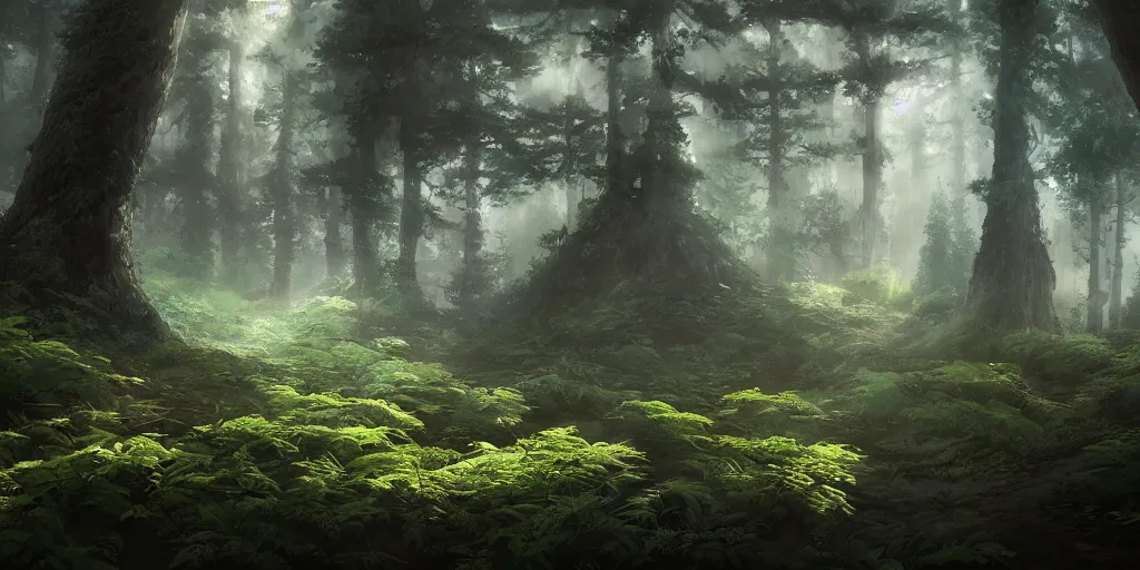 Image similar to a forest, cinematic angle, studio Ghibli, volumetric lighting, breathtaking, beautiful composition, intricate, elegant, digital art, detailed, oil painting, hyperrealistic, sharp focus, 8k