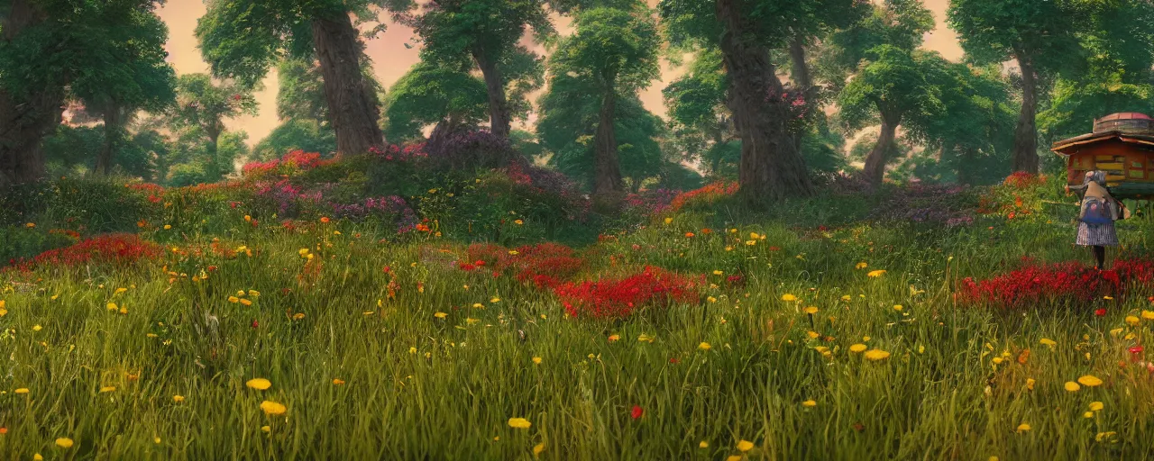 Prompt: a beautiful forest meadow landscape with large bee between flowers, crimson - black beehive, happy trees, photorealistic, octane render, rtx, hdr, unreal engine, digital art widescreen 8 k in the style of studio ghibli and bob ross and pixar and bee movie