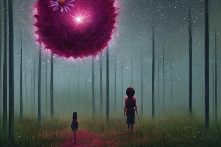 Image similar to giant daisy flower as face, girl walking in forest, surreal photography, dark night, stars, moon light, impressionist painting, clouds, digital painting, artstation, simon stalenhag