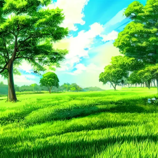 Prompt: green meadow, in anime style, beautiful green, nature, 4 k,