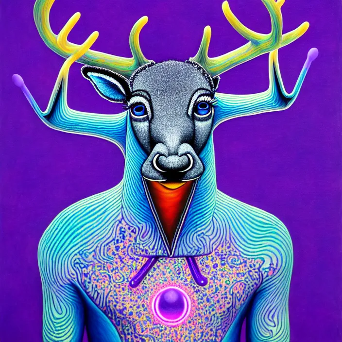 Prompt: an anthropomorphic male blue deer wearing a violet tracksuit blowing a bubble, by alex grey and jackson pollock, intricate details, artstation, psychedelic, hd, beautiful