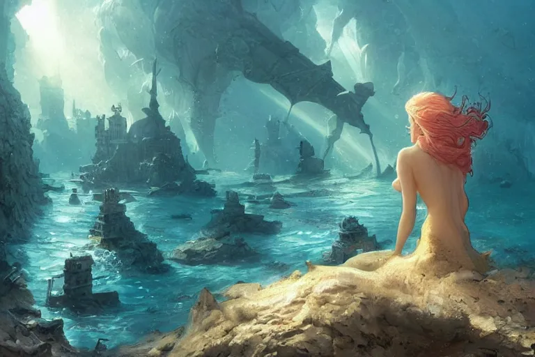 Prompt: a beautiful mermaid looking at the sunken city of Atlantic under water, ray of sunlight, Greg Rutkowski, Moebius, Mohrbacher