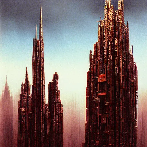 Image similar to towering spires of buildings, cyberpunk bladerunner style, beksinski and star wars style painting