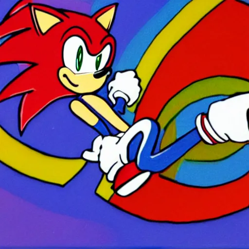 Image similar to Sonic fighting a t-rex on a rainbow