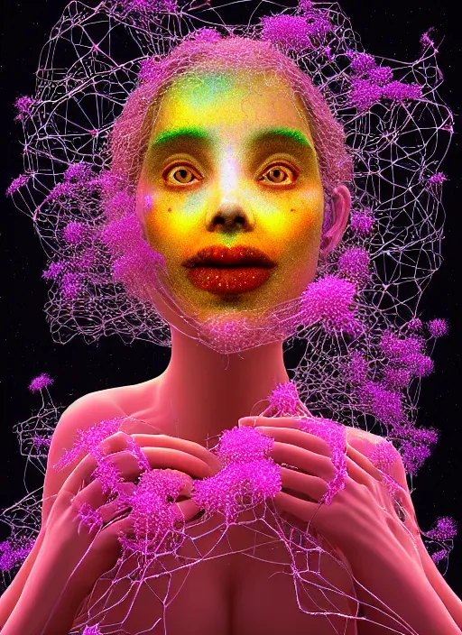 Image similar to hyper detailed 3d render like a Oil painting - Aurora (Singer) seen joyfully Eating of the Strangling network of yellowcake aerochrome and milky Fruit and Her delicate Hands hold of gossamer polyp blossoms bring iridescent fungal flowers whose spores black the foolish stars to her kawaii mouth by Jacek Yerka, Mariusz Lewandowski, Houdini algorithmic generative render, Abstract brush strokes, Masterpiece, Edward Hopper and James Gilleard, Zdzislaw Beksinski, Mark Ryden, Wolfgang Lettl, hints of Yayoi Kasuma, octane render, 8k