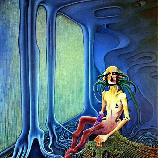 Image similar to realistic extremely detailed portrait painting of a bizarre creature sitting in the corner of an abandoned house, futuristic sci-fi landscape on background by Jean Delville, Amano, Yves Tanguy, Alphonse Mucha, Ernst Haeckel, Edward Robert Hughes, Roger Dean, rich moody colours, blue eyes