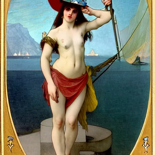 Image similar to A demon girl with jester hat and clothes on a greek archi circle on the front of a Balustrade with a beach and a sail boat on the background, major arcana cards, by paul delaroche, alphonse mucha and arnold böcklin arnold böcklin hyperrealistic 8k, very detailed