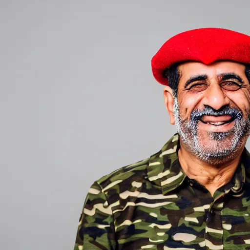 Image similar to professional portrait of a smiling middle aged arab man wearing military camouflage and a red beret, rainbow background, 8 k, intricate, detailed,