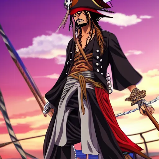 Prompt: Jack Sparrow as an anime character from One Piece. Beautiful. 4K.