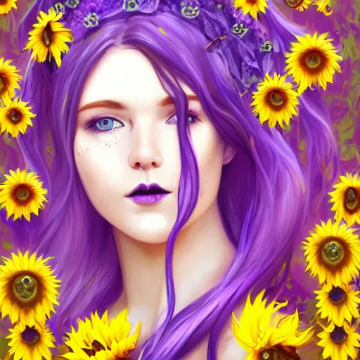 Image similar to a beautiful stunning matte digital portrait illustration of a blue-eyed woman with freckles and violet hair wearing a yellow sunflower crown, in the style of Ross Tran, art nouveau, trending on artstation, contest winner