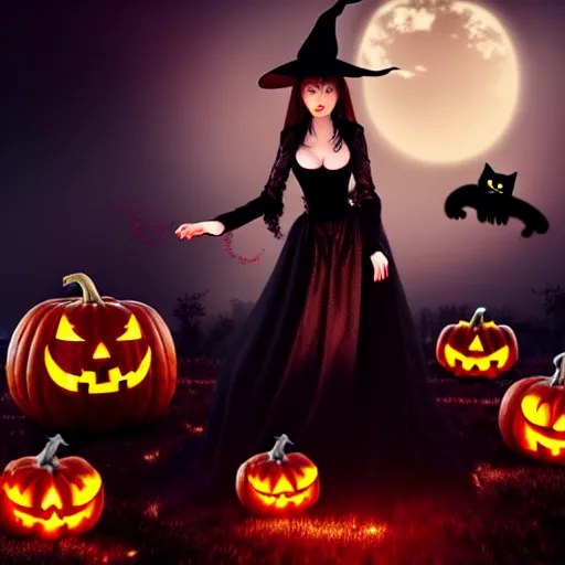 Image similar to beautiful witch woman, black cat, pumpkins, spooky halloween night, wallpaper aesthetic, beautiful, cinematic, dramatic, super detailed and intricate, 4 k render, by kentaro miura